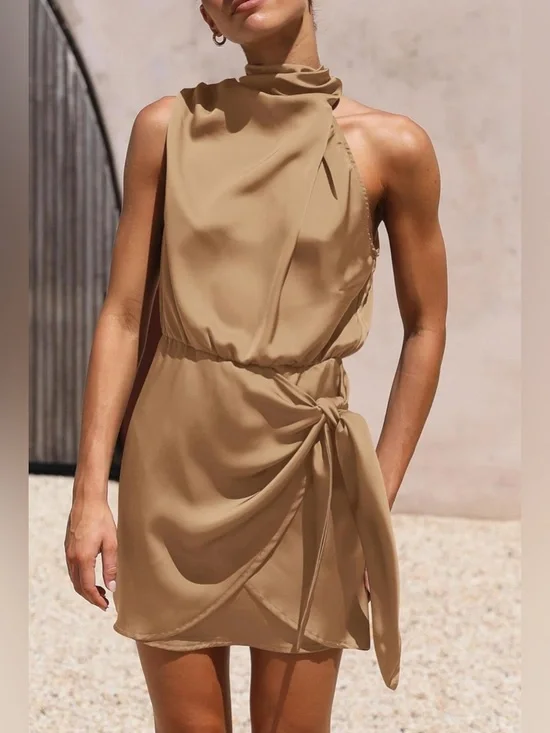 Pretty Garden NWT short formal satin dress sleeveless mock wrap size Med khaki - Picture 2 of 7